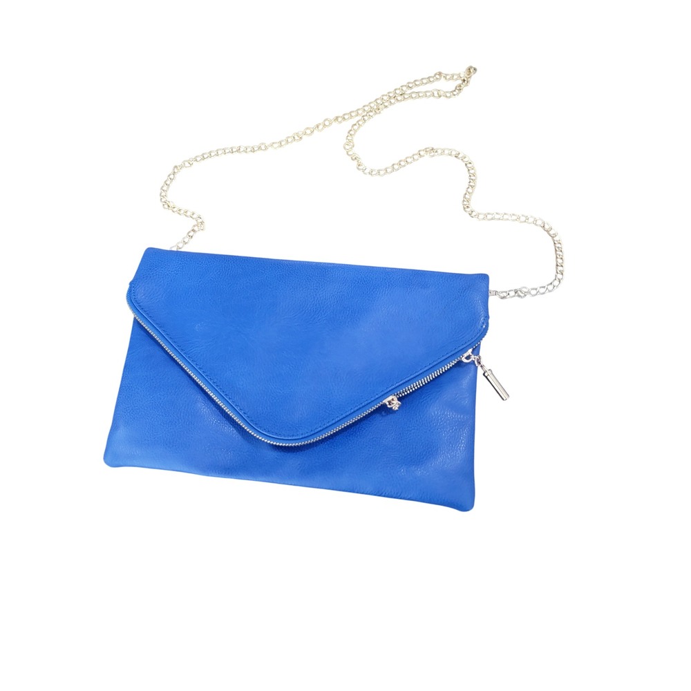Cobalt Blue Envelope Clutch Crossbody Bag Gold Chain Faux Leather Foldover Zip